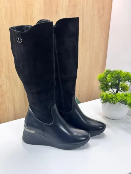 Cizme Lungi din Piele si Textil cu Platforma G2671