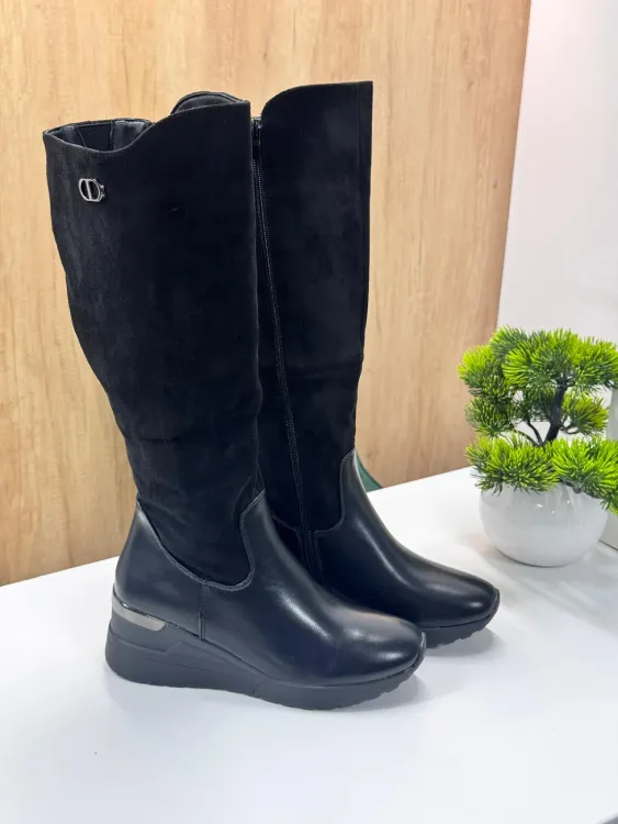 Cizme Lungi din Piele si Textil cu Platforma G2671