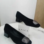 Pantofi Dama EPICA din Piele Întoarsă Neagră – Toc Mic Sclipitor și Cataramă Elegantă
