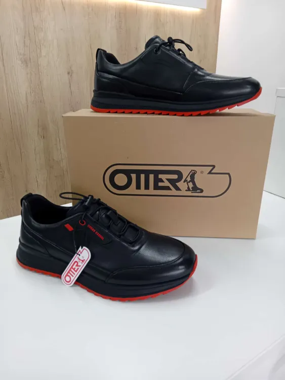 Pantofi Sport / Adidași Bărbați OTTER din Piele Naturală Neagră – Accent Roșu și Design Urban