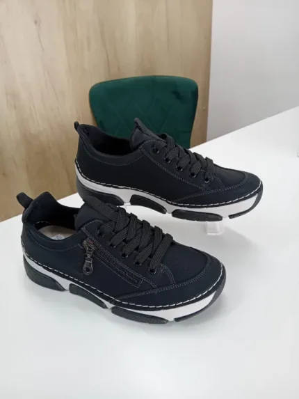 Pantofi Sport / Adidași Dama Negri – Cu Fermoar Lateral, Cusături Decorative și Talpă Flexibilă