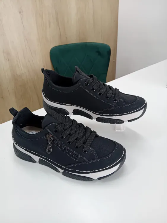 Pantofi Sport / Adidași Dama Negri – Cu Fermoar Lateral, Cusături Decorative și Talpă Flexibilă
