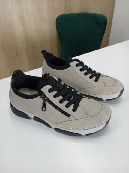 Pantofi Sport / Adidași Dama Bej – Cu Fermoar Lateral, Cusături Decorative și Talpă Flexibilă