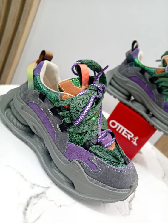 Adidași Damă Otter din Piele Naturală Multicoloră, Mov-Verde cu Talpă Voluminoasă 3321
